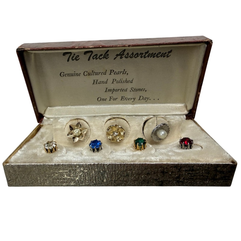 Vintage Tie Tack Assortment Set Cultured Pearl Hand Polished Stones 7 Pieces Box